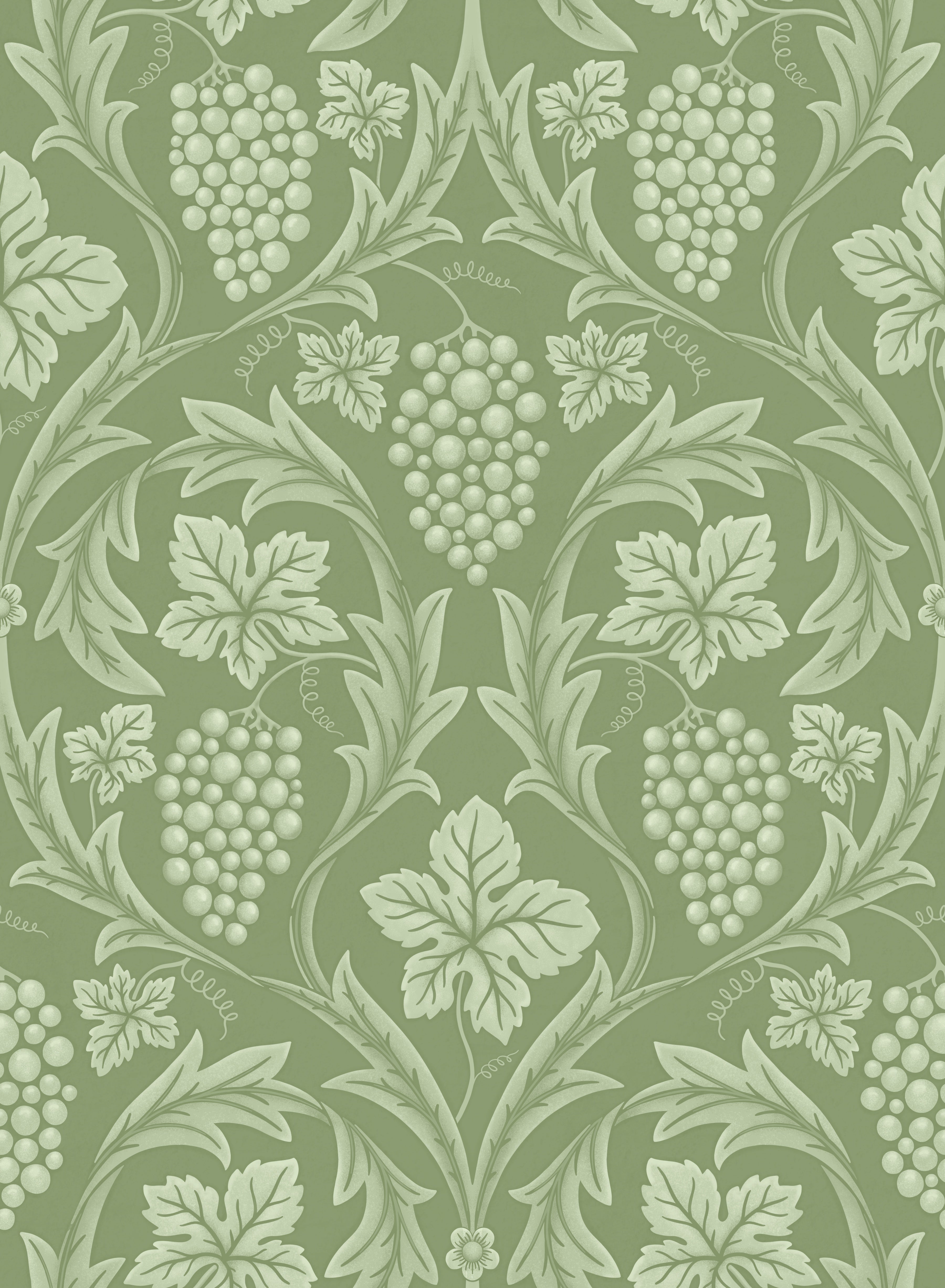 Decorative pattern with grape clusters and leaves on a green background